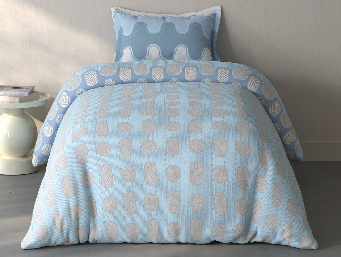 Spaces Fiora Blue Geometric 100% Cotton Single Bedsheet with 1 Pillow Covers - 59 x 89 Inches