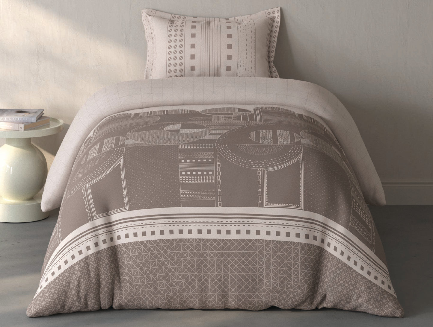 Spaces Fiora Light Taupe Geometric 100% Cotton Single Bedsheet with 1 Pillow Covers - 59 x 89 Inches