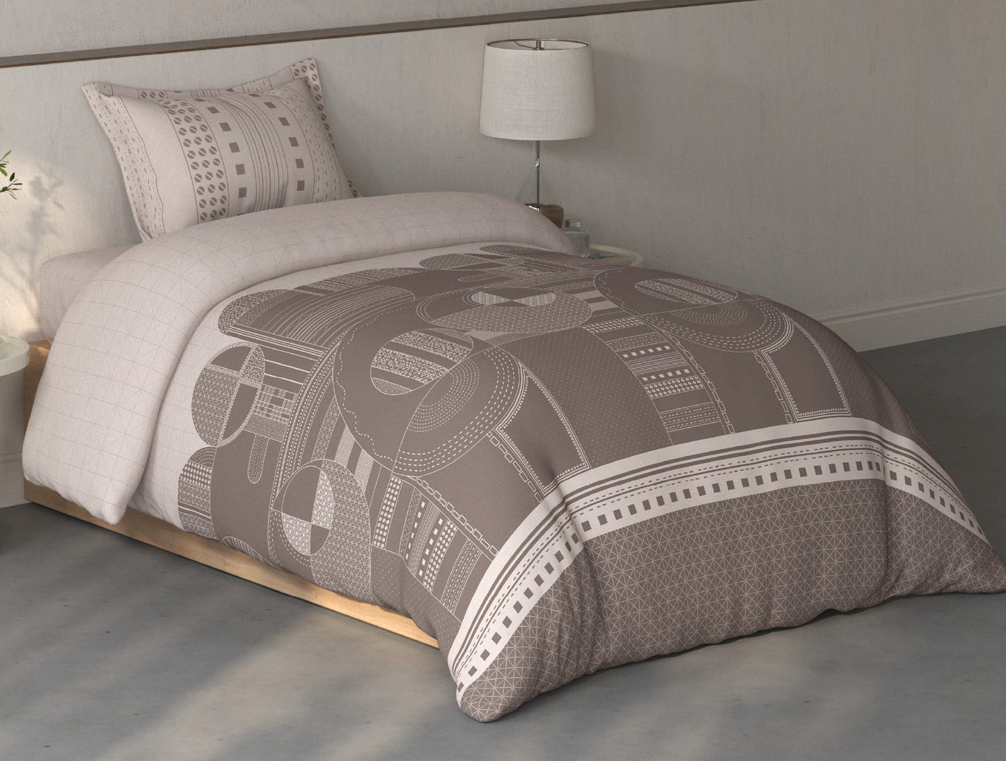Spaces Fiora Light Taupe Geometric 100% Cotton Single Bedsheet with 1 Pillow Covers - 59 x 89 Inches