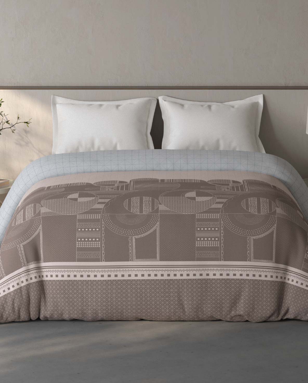 Spaces Fiora 100% Cotton Geometric Light Taupe Double Quilt - 88 x 106 Inches