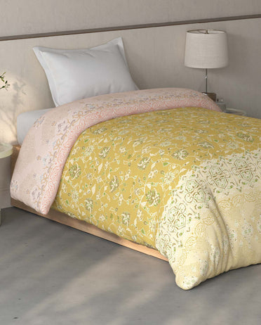 Spaces Fiora Light Yellow Ornate 100% Cotton 144 TC Single Quilt Blanket - 59 x 85 Inches