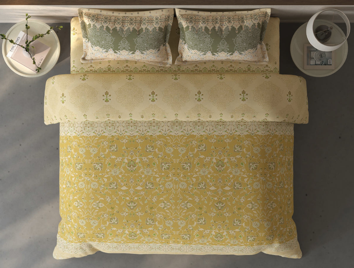 Spaces Fiora Light Yellow Ornate 100% Cotton Double Duvet Cover - 88 x 106 Inches