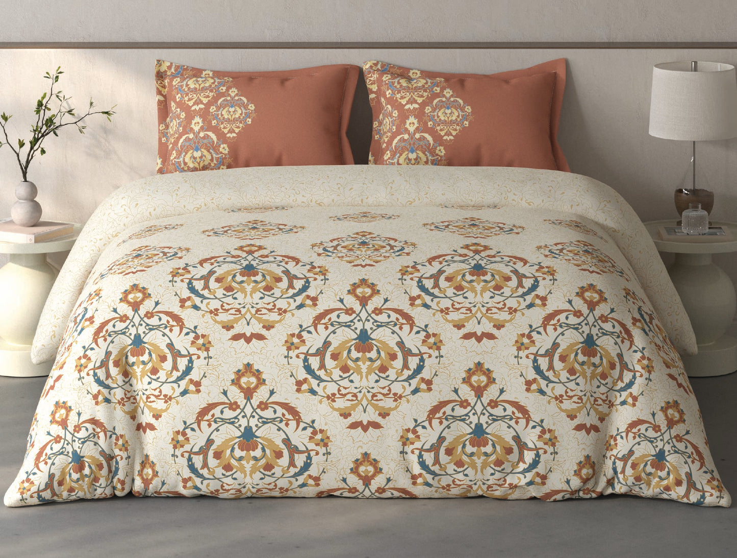 Spaces Fiora Cream Ornate 100% Cotton Double Duvet Cover - 88 x 106 Inches