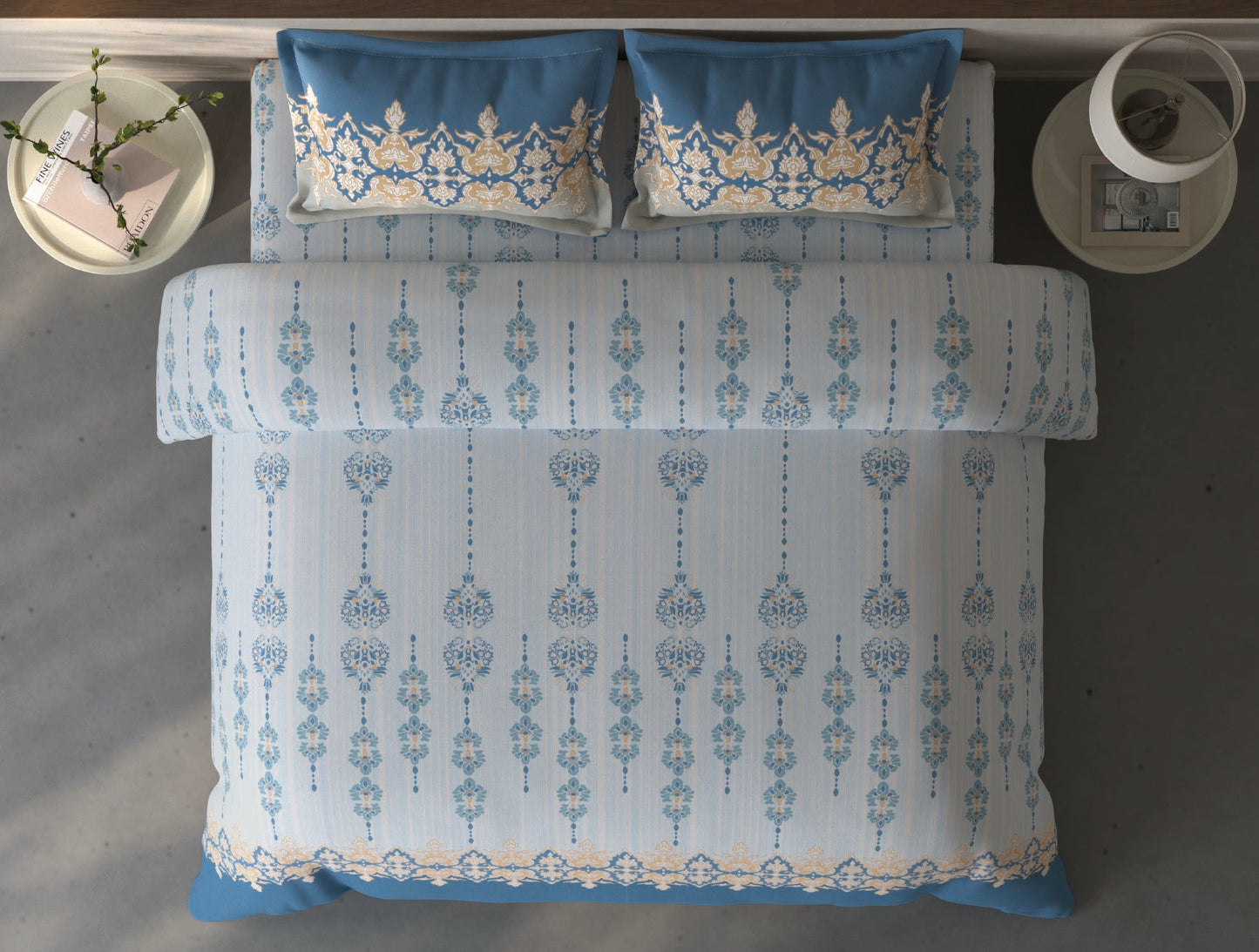 Spaces Fiora Light Blue Ornate 100% Cotton Double Duvet Cover - 88 x 106 Inches