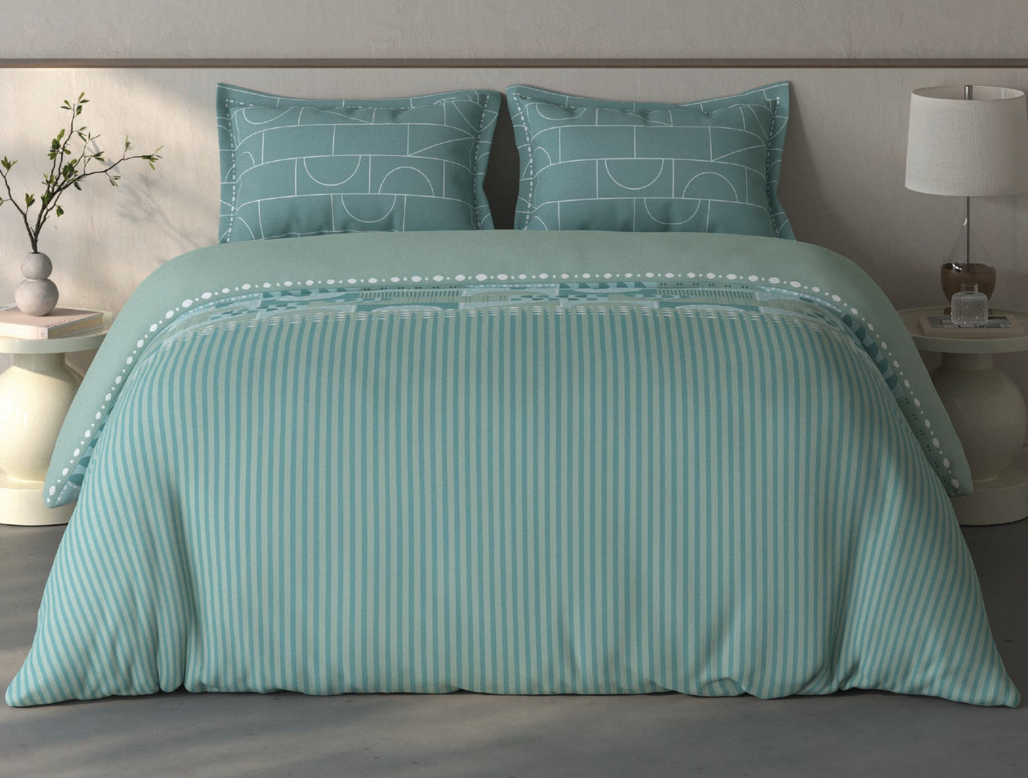 Spaces Fiora Light Green Geometric 100% Cotton Double Duvet Cover - 88 x 106 Inches