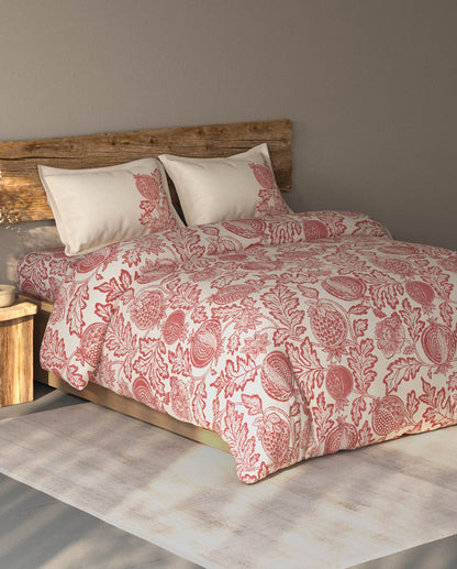 Spaces Organic Cotton Dark Red Floral Large Bedsheet with 2 Pillow Covers - 108 x 108 Inches