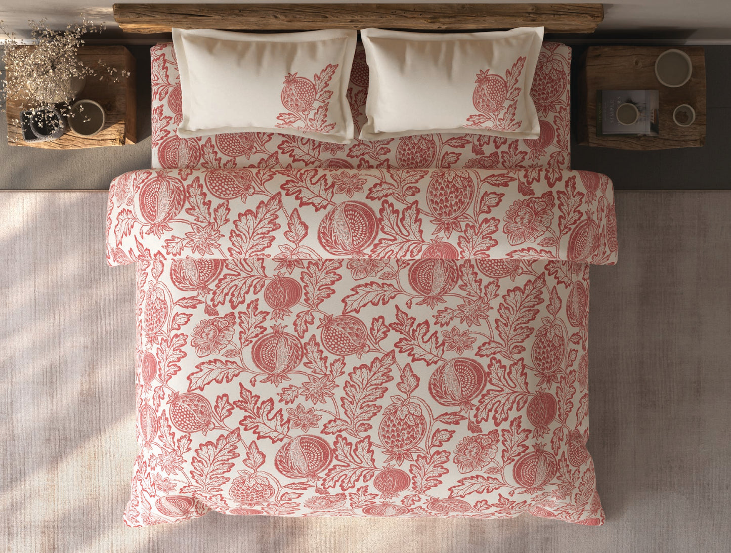 Spaces Organic Cotton Dark Red Floral Large Bedsheet with 2 Pillow Covers - 108 x 108 Inches