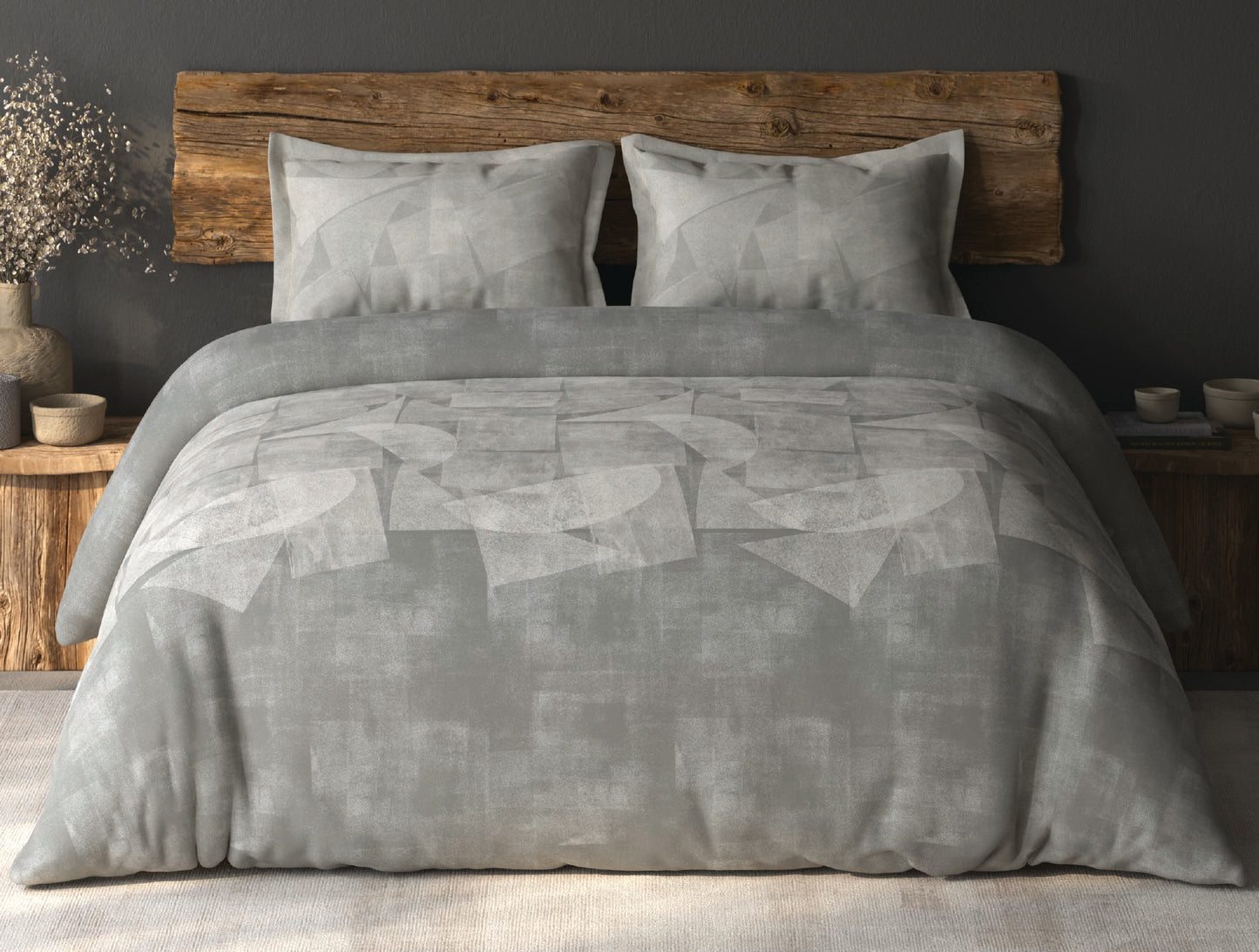 Spaces Organic Cotton Grey Geometric Large Bedsheet with 2 Pillow Covers - 108 x 108 Inches