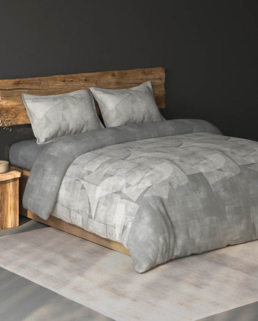 Spaces Organic Cotton Grey Geometric Large Bedsheet with 2 Pillow Covers - 108 x 108 Inches