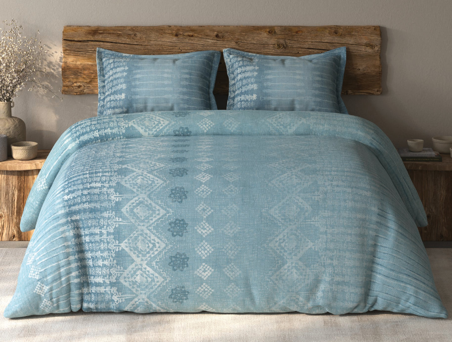 Spaces Organic Cotton Light Aqua Ornate Large Bedsheet with 2 Pillow Covers - 108 x 108 Inches