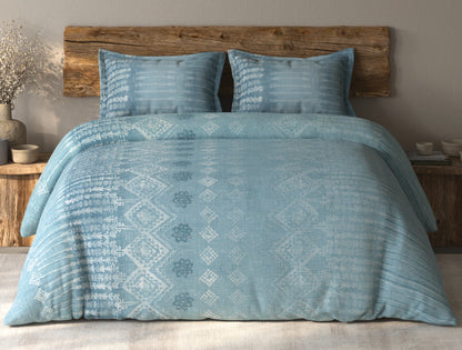 Spaces Organic Cotton Light Aqua Ornate Large Bedsheet with 2 Pillow Covers - 108 x 108 Inches
