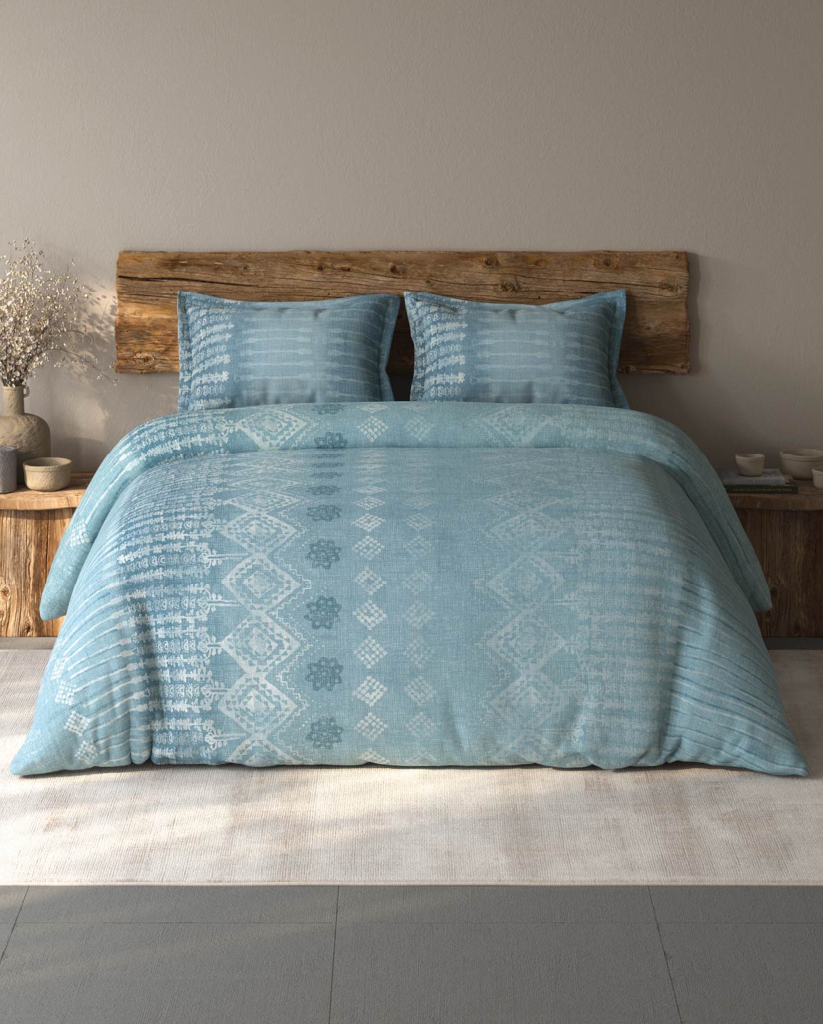 Spaces Organic Cotton Light Aqua Ornate Large Bedsheet with 2 Pillow Covers - 108 x 108 Inches
