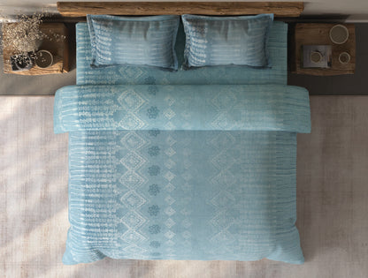 Spaces Organic Cotton Light Aqua Ornate Large Bedsheet with 2 Pillow Covers - 108 x 108 Inches