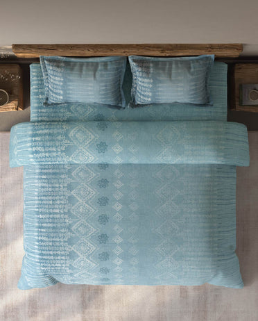 Spaces Organic Cotton Light Aqua Ornate Large Bedsheet with 2 Pillow Covers - 108 x 108 Inches