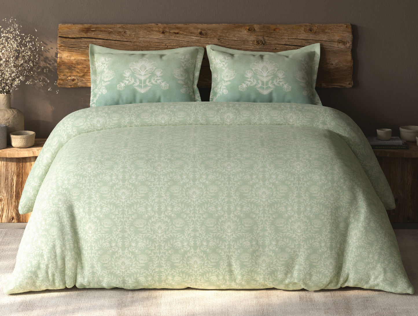 Spaces Organic Cotton Light Green Ornate Large Bedsheet with 2 Pillow Covers - 108 x 108 Inches