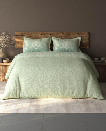 Spaces Organic Cotton Light Green Ornate Large Bedsheet with 2 Pillow Covers - 108 x 108 Inches