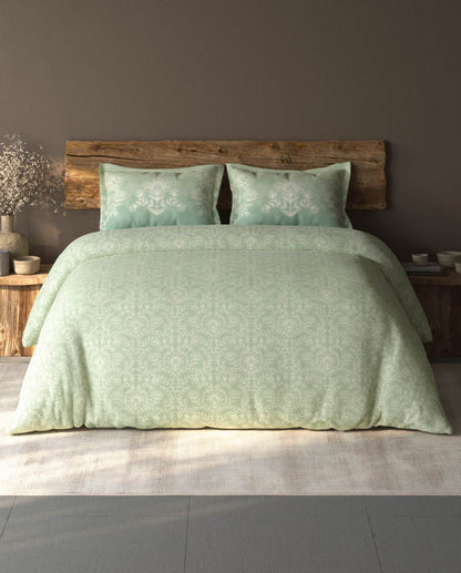 Spaces Organic Cotton Light Green Ornate Large Bedsheet with 2 Pillow Covers - 108 x 108 Inches