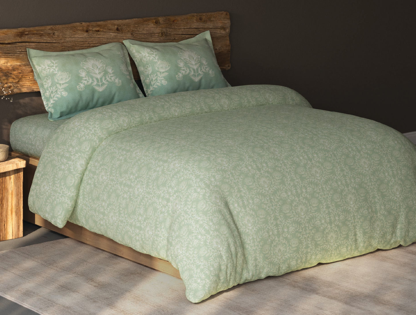 Spaces Organic Cotton Light Green Ornate Large Bedsheet with 2 Pillow Covers - 108 x 108 Inches