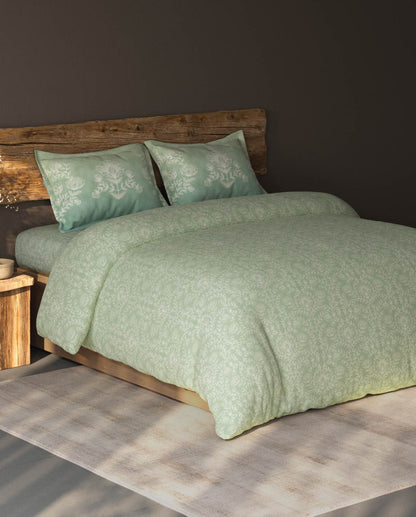 Spaces Organic Cotton Light Green Ornate Large Bedsheet with 2 Pillow Covers - 108 x 108 Inches