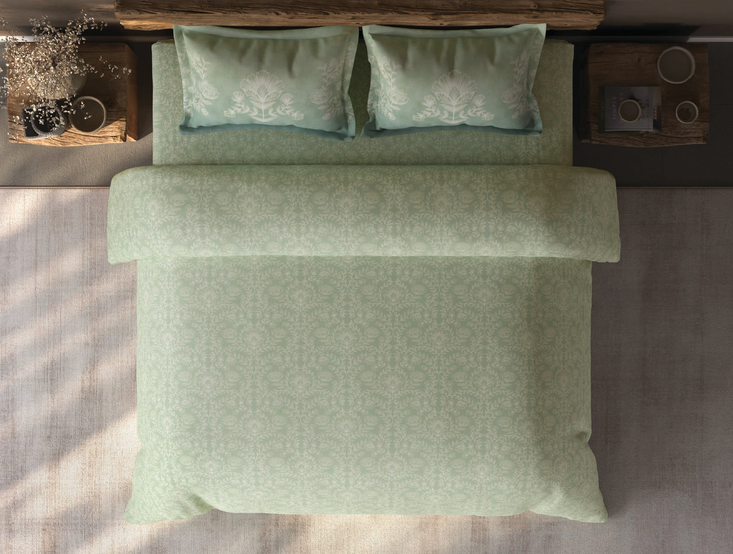 Spaces Organic Cotton Light Green Ornate Large Bedsheet with 2 Pillow Covers - 108 x 108 Inches