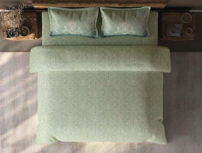 Spaces Organic Cotton Light Green Ornate Large Bedsheet with 2 Pillow Covers - 108 x 108 Inches