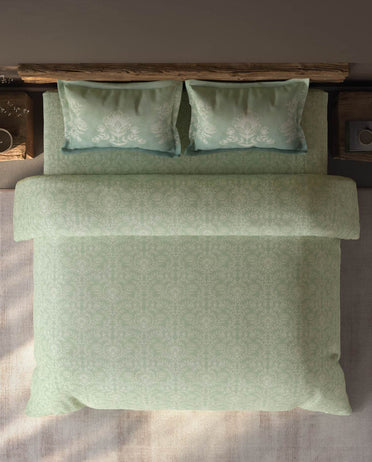Spaces Organic Cotton Light Green Ornate Large Bedsheet with 2 Pillow Covers - 108 x 108 Inches