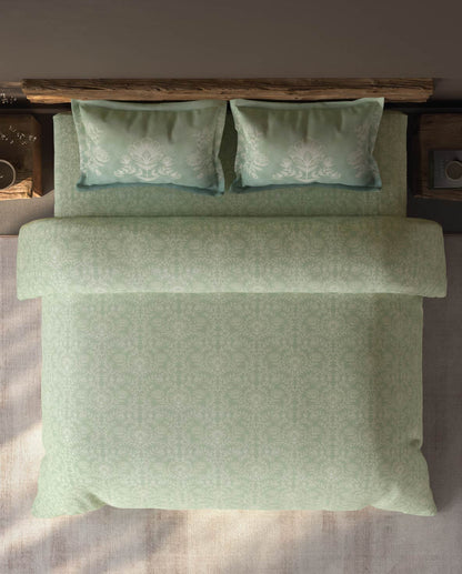 Spaces Organic Cotton Light Green Ornate Large Bedsheet with 2 Pillow Covers - 108 x 108 Inches
