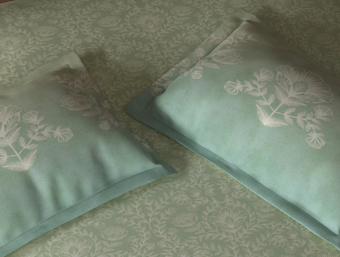 Spaces Organic Cotton Light Green Ornate Large Bedsheet with 2 Pillow Covers - 108 x 108 Inches