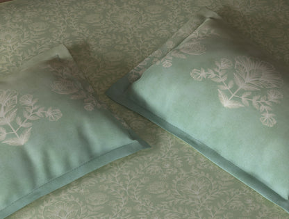 Spaces Organic Cotton Light Green Ornate Large Bedsheet with 2 Pillow Covers - 108 x 108 Inches