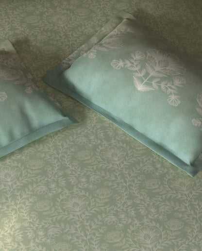 Spaces Organic Cotton Light Green Ornate Large Bedsheet with 2 Pillow Covers - 108 x 108 Inches