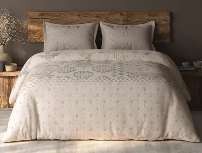 Spaces Organic Cotton Cream Ornate Large Bedsheet with 2 Pillow Covers - 108 x 108 Inches