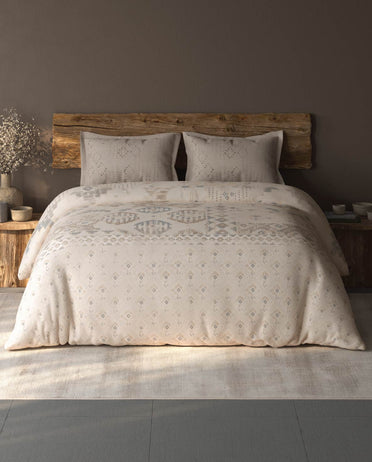Spaces Organic Cotton Cream Ornate Large Bedsheet with 2 Pillow Covers - 108 x 108 Inches