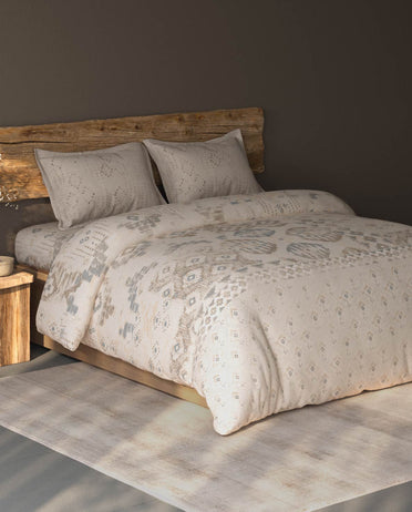 Spaces Organic Cotton Cream Ornate Large Bedsheet with 2 Pillow Covers - 108 x 108 Inches