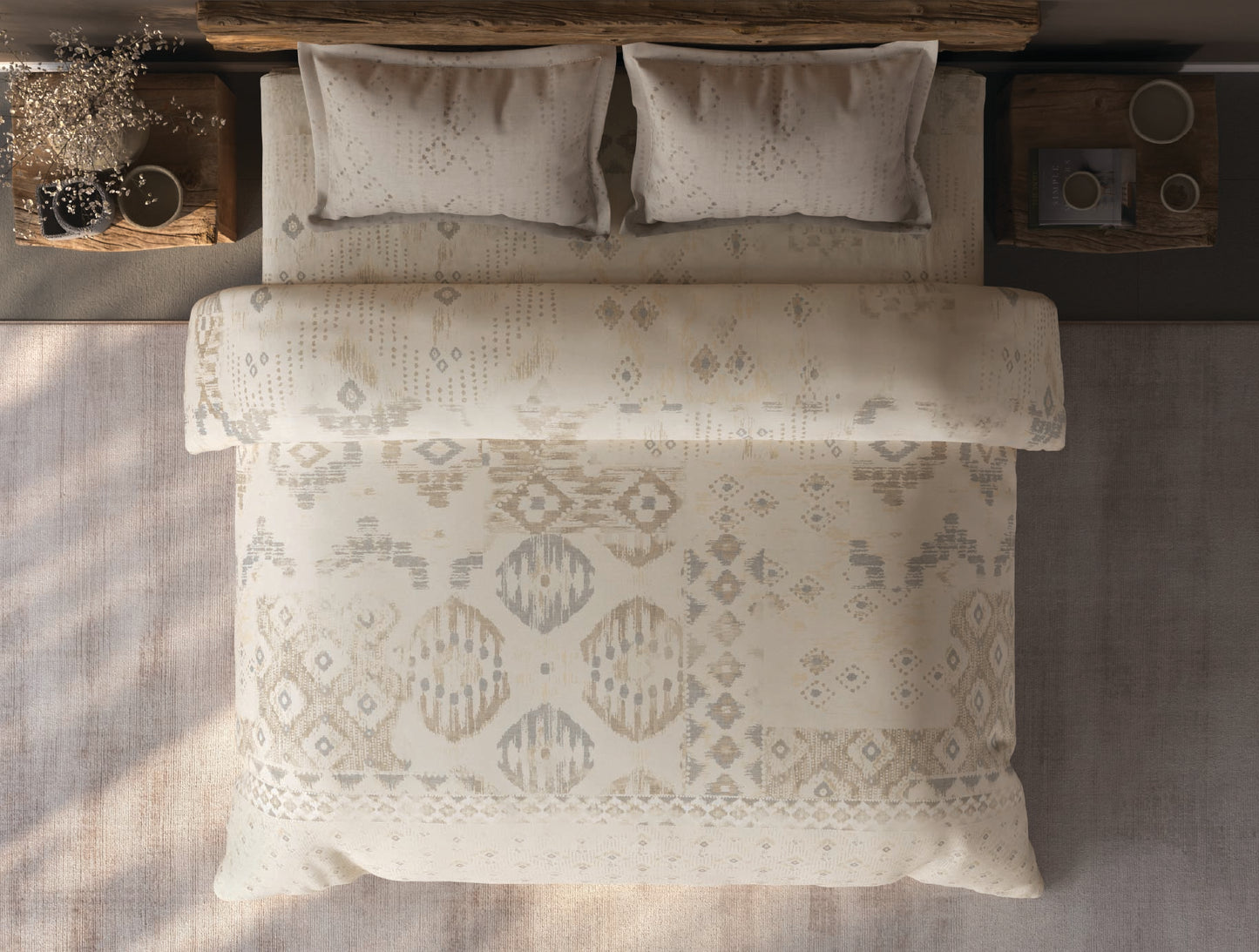 Spaces Organic Cotton Cream Ornate Large Bedsheet with 2 Pillow Covers - 108 x 108 Inches