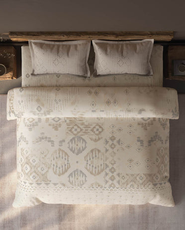 Spaces Organic Cotton Cream Ornate Large Bedsheet with 2 Pillow Covers - 108 x 108 Inches