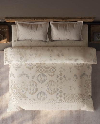 Spaces Organic Cotton Cream Ornate Large Bedsheet with 2 Pillow Covers - 108 x 108 Inches