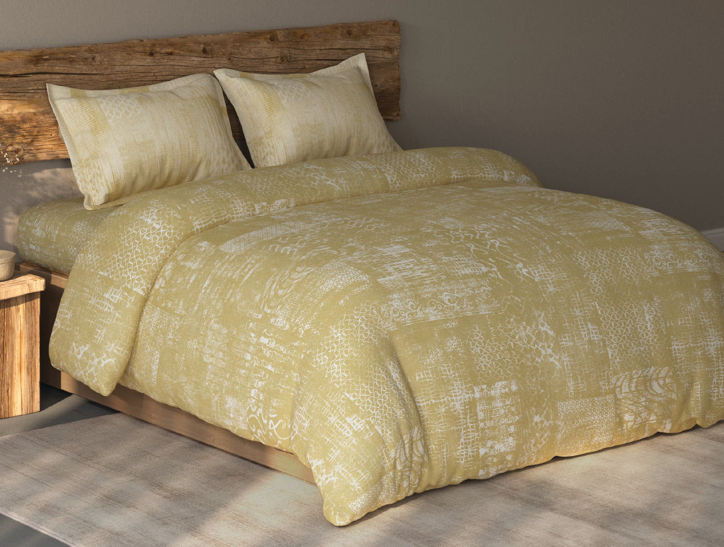 Spaces Organic Cotton Ornate Light Yellow Large Bedsheet with 2 Pillow Covers - 108 x 108 Inches