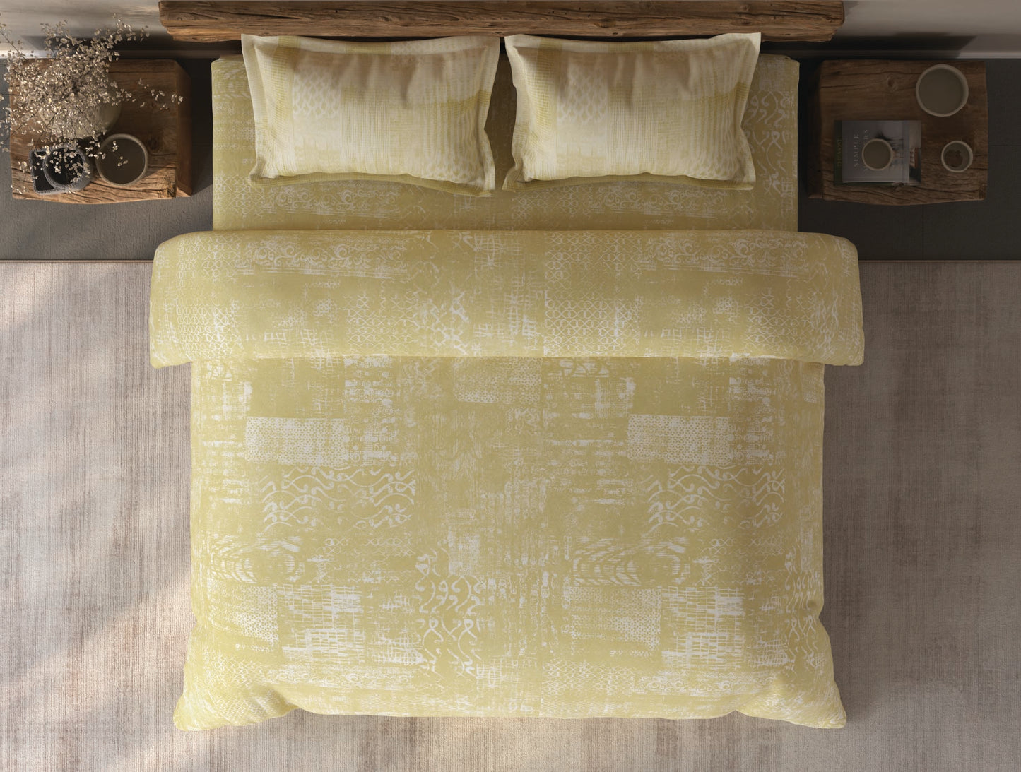 Spaces Organic Cotton Ornate Light Yellow Large Bedsheet with 2 Pillow Covers - 108 x 108 Inches