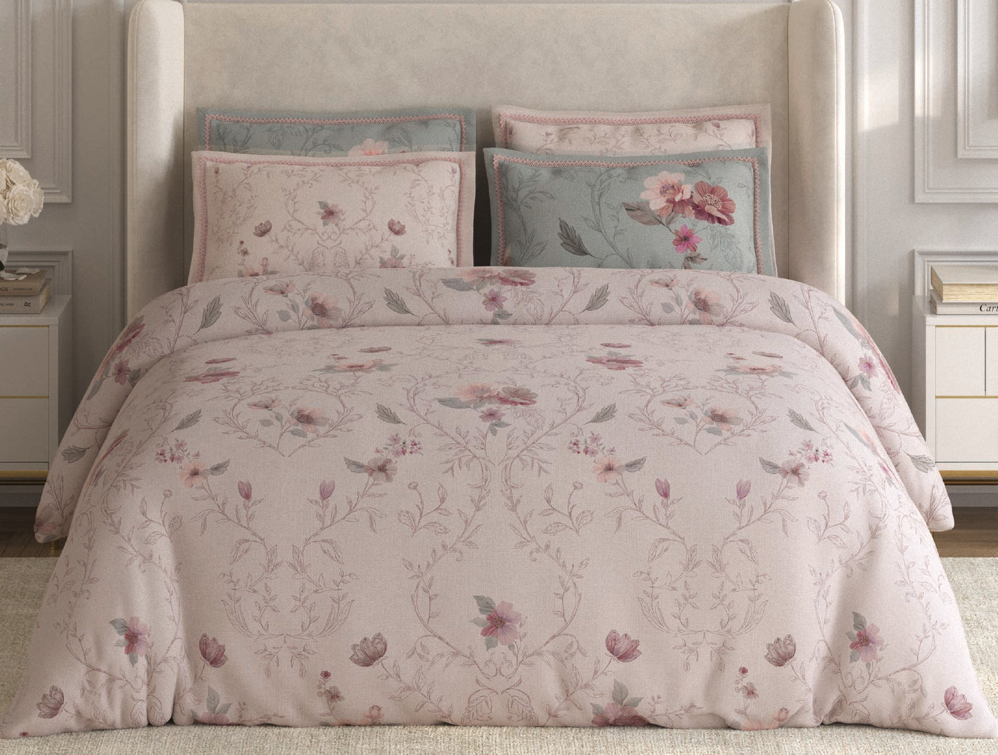 Spaces Nora Light Blush Egyptain Cotton 350 TC Floral Premium Large Bedsheet with 4 Pillow Covers - 108 x 108 Inches