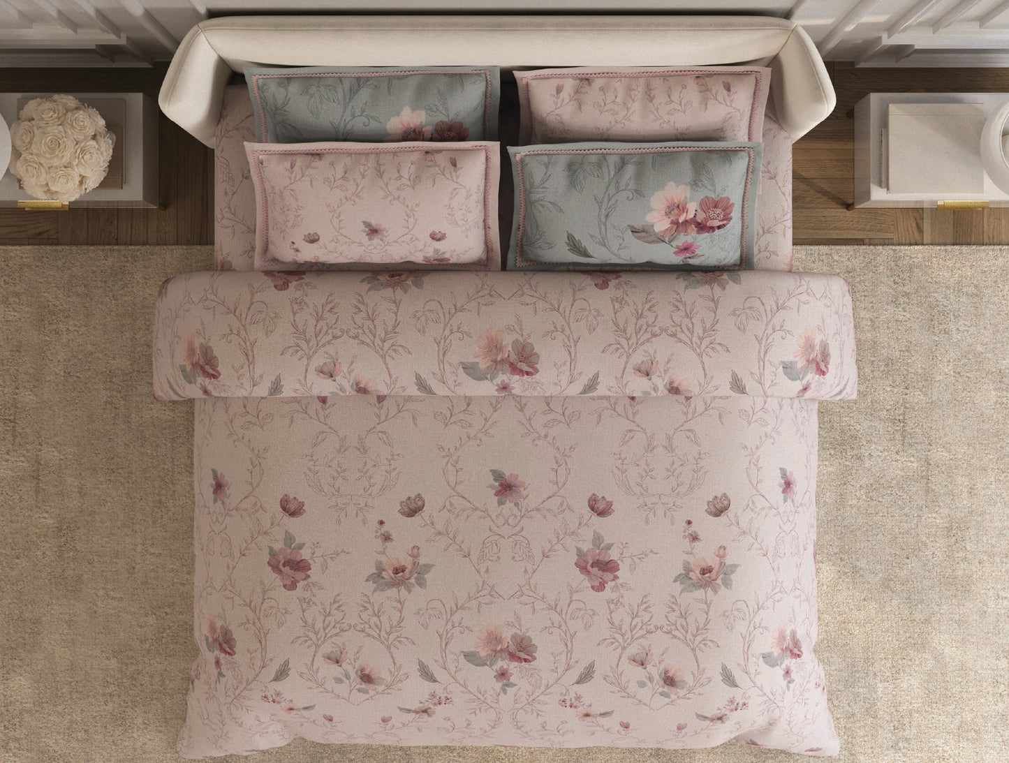 Spaces Nora Light Blush Egyptain Cotton 350 TC Floral Premium Large Bedsheet with 4 Pillow Covers - 108 x 108 Inches