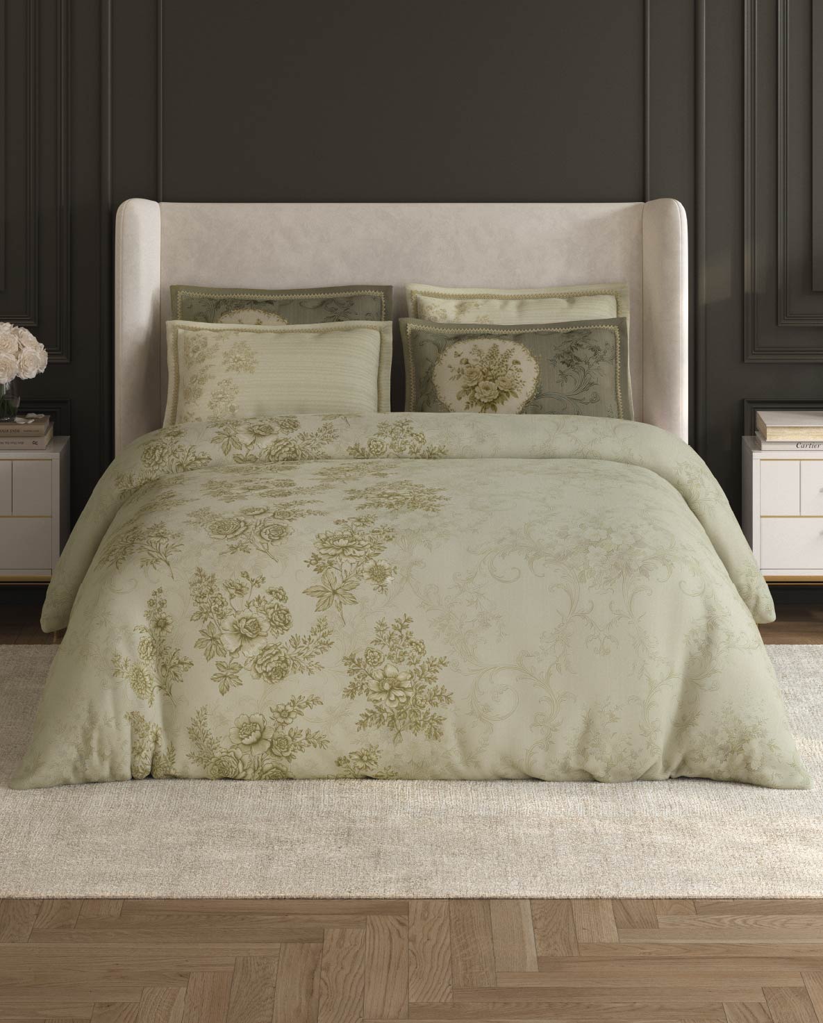 Spaces Nora Light Green Egyptain Cotton 350 TC Floral Premium Large Bedsheet with 4 Pillow Covers - 108 x 108 Inches