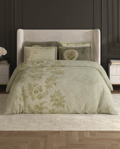 Spaces Nora Light Green Egyptain Cotton 350 TC Floral Premium Large Bedsheet with 4 Pillow Covers - 108 x 108 Inches
