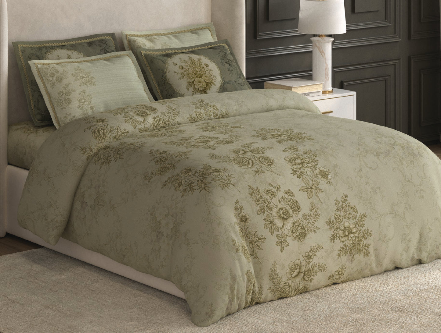 Spaces Nora Light Green Egyptain Cotton 350 TC Floral Premium Large Bedsheet with 4 Pillow Covers - 108 x 108 Inches