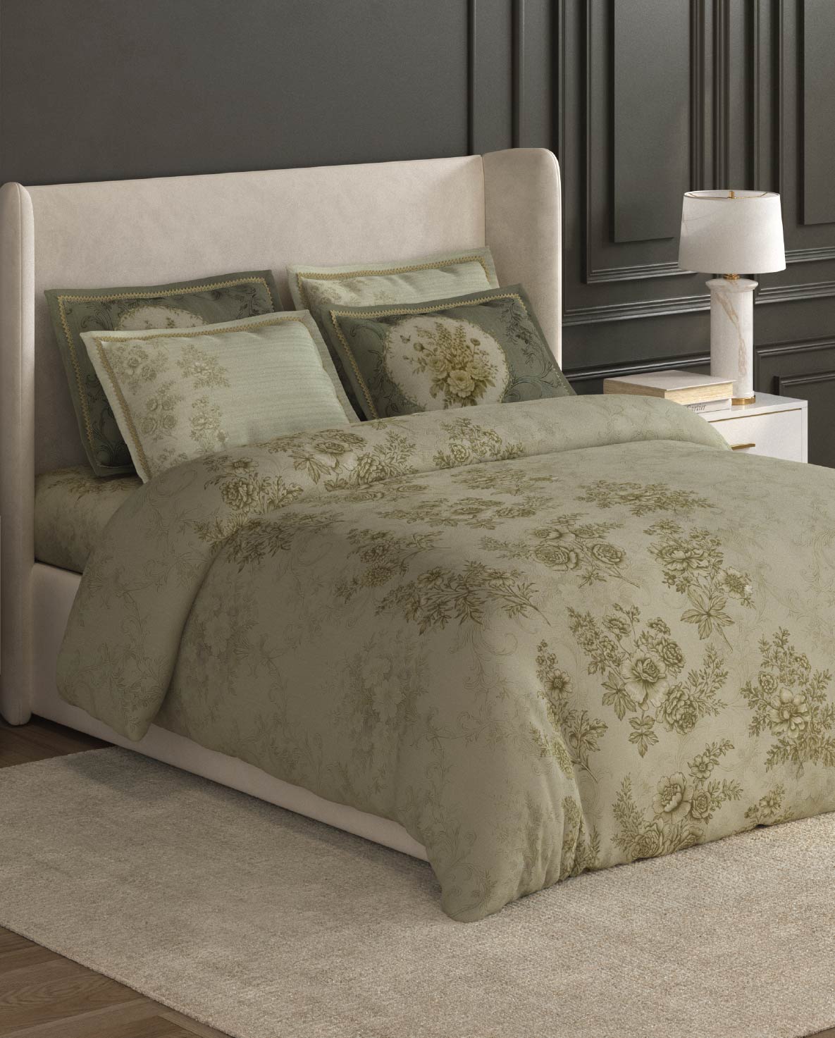 Spaces Nora Light Green Egyptain Cotton 350 TC Floral Premium Large Bedsheet with 4 Pillow Covers - 108 x 108 Inches