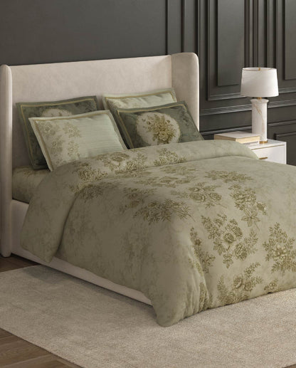 Spaces Nora Light Green Egyptain Cotton 350 TC Floral Premium Large Bedsheet with 4 Pillow Covers - 108 x 108 Inches