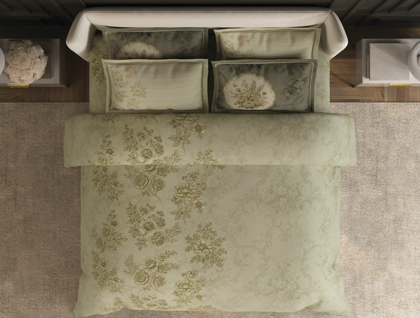 Spaces Nora Light Green Egyptain Cotton 350 TC Floral Premium Large Bedsheet with 4 Pillow Covers - 108 x 108 Inches