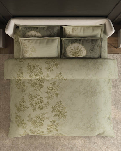 Spaces Nora Light Green Egyptain Cotton 350 TC Floral Premium Large Bedsheet with 4 Pillow Covers - 108 x 108 Inches