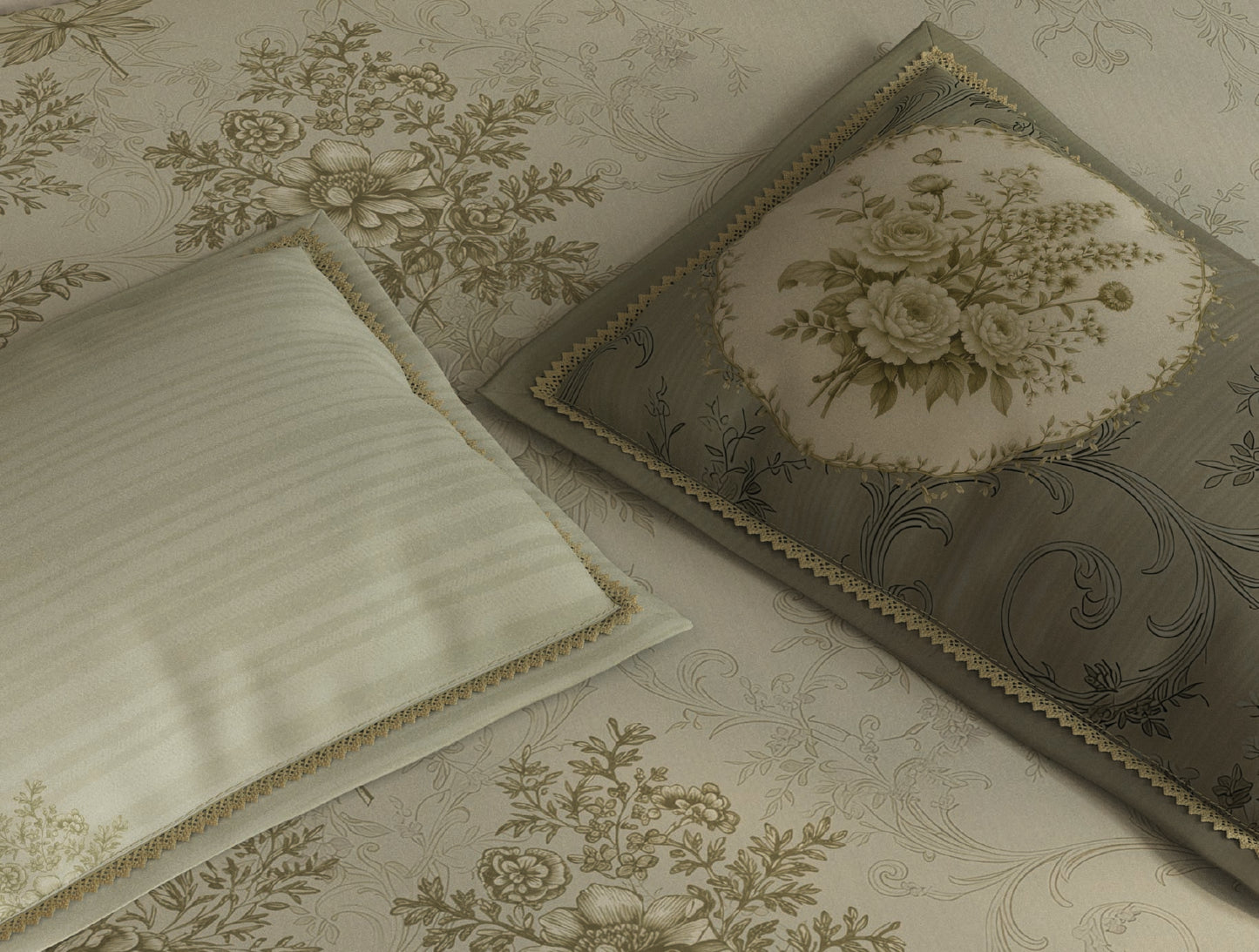 Spaces Nora Light Green Egyptain Cotton 350 TC Floral Premium Large Bedsheet with 4 Pillow Covers - 108 x 108 Inches