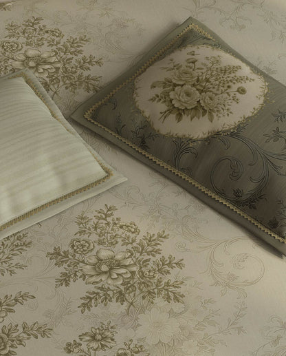Spaces Nora Light Green Egyptain Cotton 350 TC Floral Premium Large Bedsheet with 4 Pillow Covers - 108 x 108 Inches
