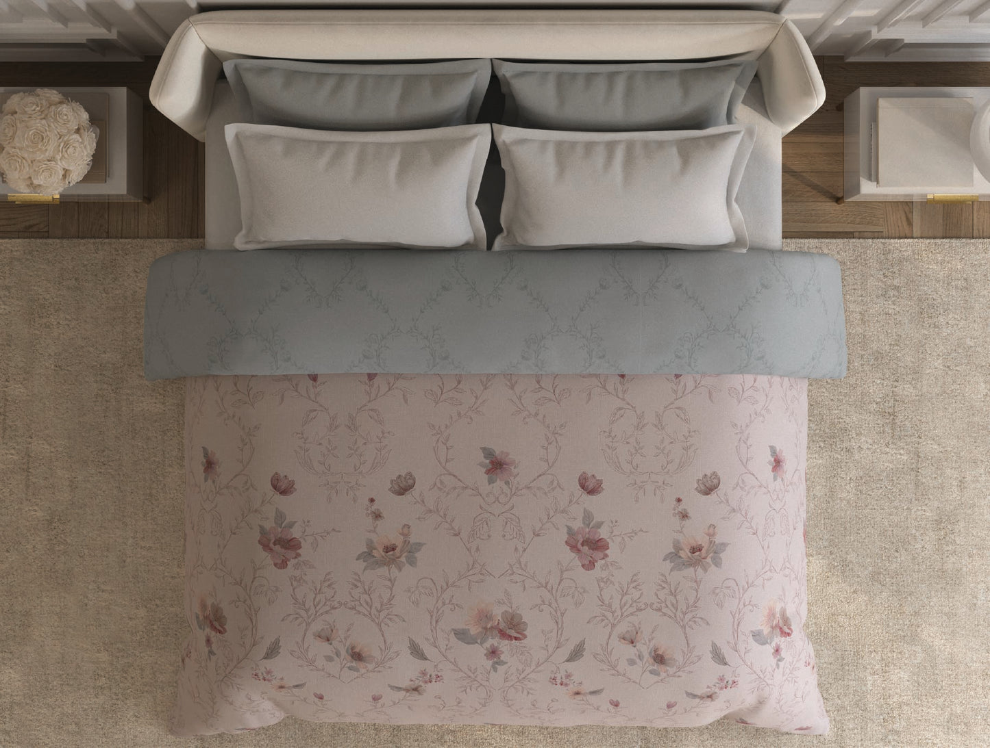 Spaces Nora Light Blush Floral Egyptian Cotton Tencel 350 TC Double Quilt, 88 x 106 Inches